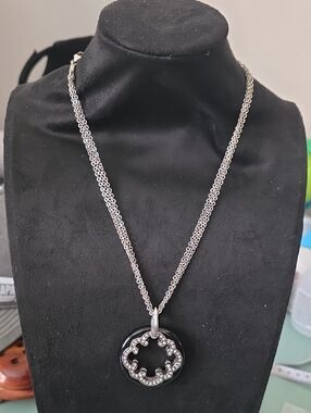 Brighton Silver-Tone Black Pendant Necklace with Crystal Accents